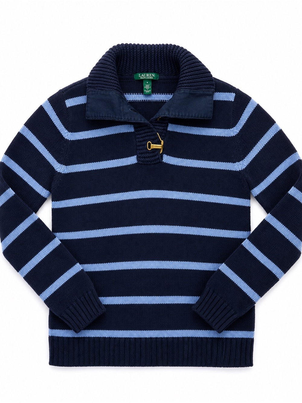 Polo by Ralph Lauren Navy & Light Blue Striped V-Neck Toggle Sweater Cotton